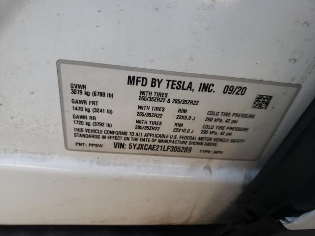 5YJXCAE21LF305289 - 2020 TESLA MODEL X WHITE photo 10