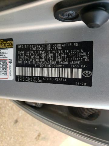 4T1BE46K97U098941 - 2007 TOYOTA CAMRY CE SILVER photo 10