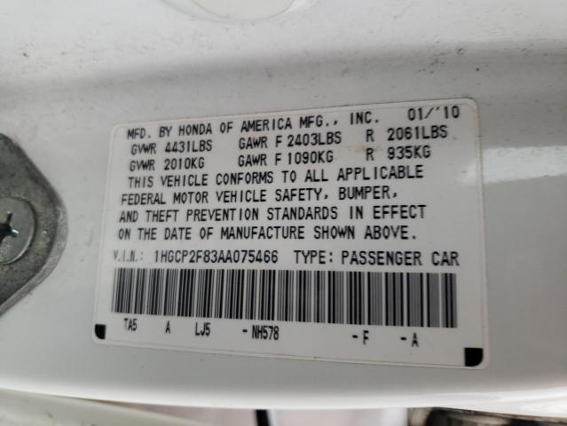 1HGCP2F83AA075466 - 2010 HONDA ACCORD EXL WHITE photo 10