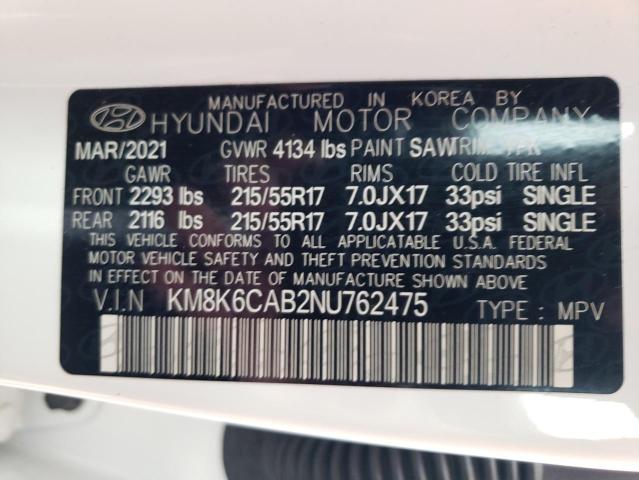 KM8K6CAB2NU762475 - 2022 HYUNDAI KONA SEL WHITE photo 10