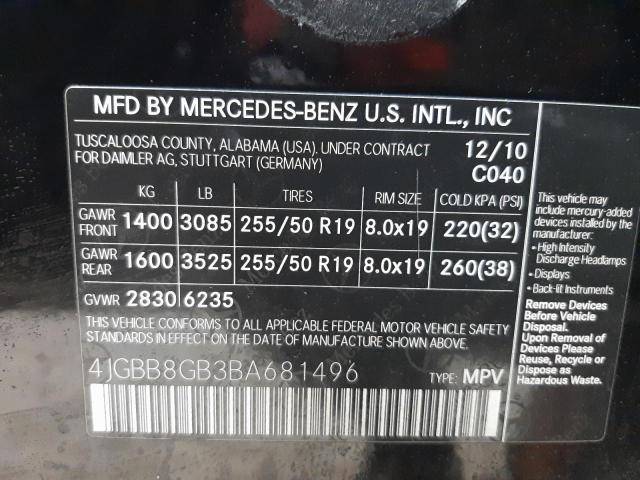 4JGBB8GB3BA681496 - 2011 MERCEDES-BENZ ML 350 4MA BLACK photo 10