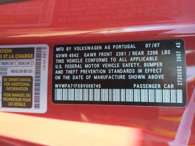 WVWFA71FX8V006745 - 2008 VOLKSWAGEN EOS LUX Красный фото 10