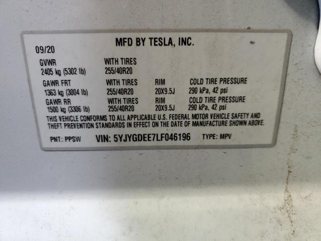 5YJYGDEE7LF046196 - 2020 TESLA MODEL Y أبيض صورة 10