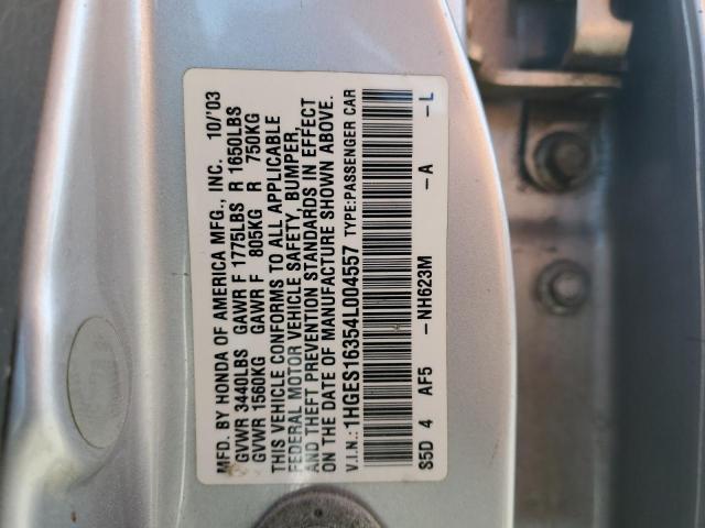 1HGES16354L004557 - 2004 HONDA CIVIC DX V SILVER photo 10