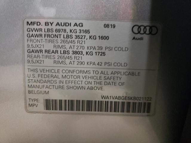 WA1VABGE5KB021122 - 2019 AUDI E-TRON PRE SILVER photo 10