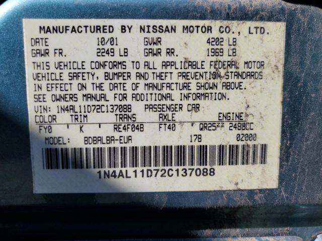 1N4AL11D72C137088 - 2002 NISSAN ALTIMA BAS TEAL photo 10