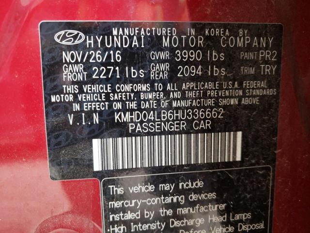 KMHD04LB6HU336662 - 2017 HYUNDAI ELANTRA SP RED photo 10