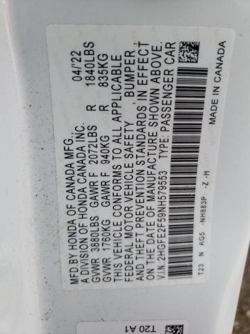 2HGFE2F59NH579553 - 2022 HONDA CIVIC SPOR 白色 照片 10