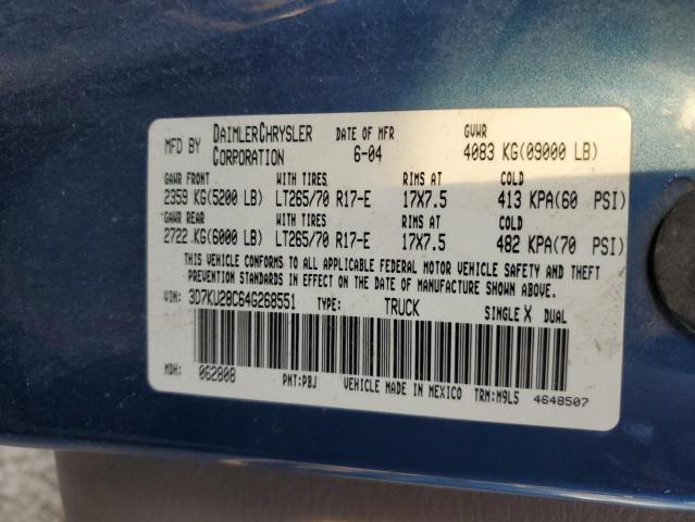 3D7KU28C64G268551 - 2004 DODGE RAM 2500 S BLUE photo 10