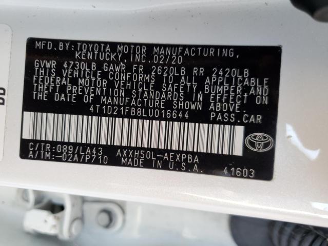 4T1D21FB8LU016644 - 2020 TOYOTA AVALON LIM WHITE photo 10