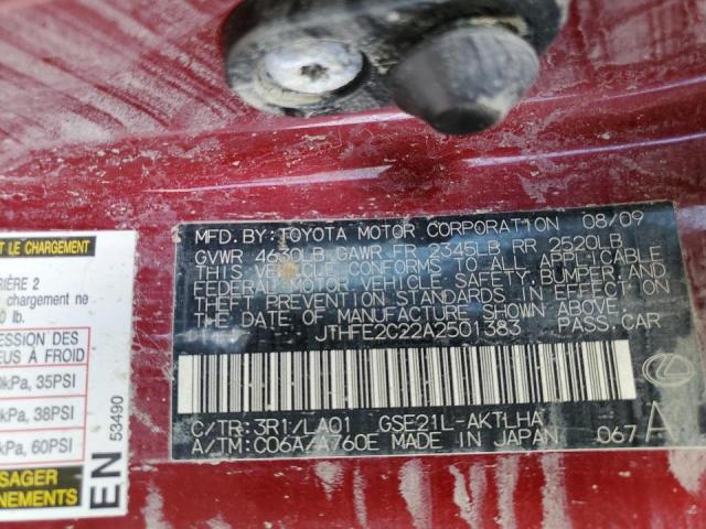 JTHFE2C22A2501383 - 2010 LEXUS IS 350 RED photo 10