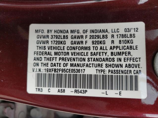 19XFB2F95CE053617 - 2012 HONDA CIVIC EXL Burgund zdjęcie 10
