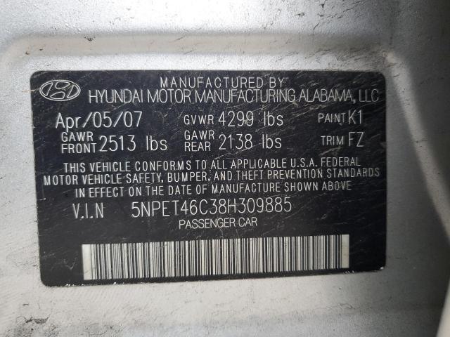 5NPET46C38H309885 - 2008 HYUNDAI SONATA GLS GRAY photo 10