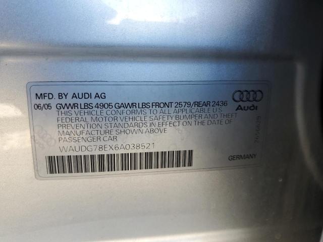 WAUDG78EX6A038521 - 2006 AUDI A4 3.2 QUA SILVER photo 10