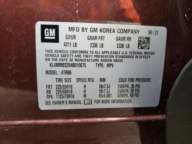 KL4MMBS25NB010075 - 2022 BUICK ENCORE GX MAROON photo 10