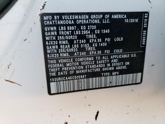 1V2UR2CA4KC502887 - 2019 VOLKSWAGEN ATLAS SE UNKNOWN - NOT OK FOR INV. photo 10