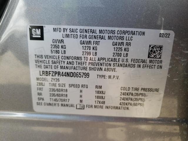 LRBFZPR44ND065799 - 2022 BUICK ENVISION E GRAY photo 10