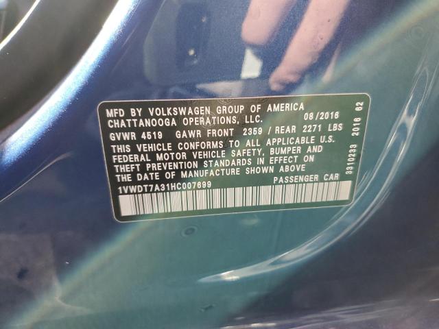 1VWDT7A31HC007699 - 2017 VOLKSWAGEN PASSAT R-L UNKNOWN - NOT OK FOR INV. photo 10