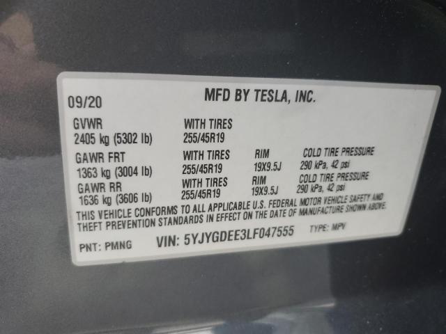 5YJYGDEE3LF047555 - 2020 TESLA MODEL Y GRAY photo 10