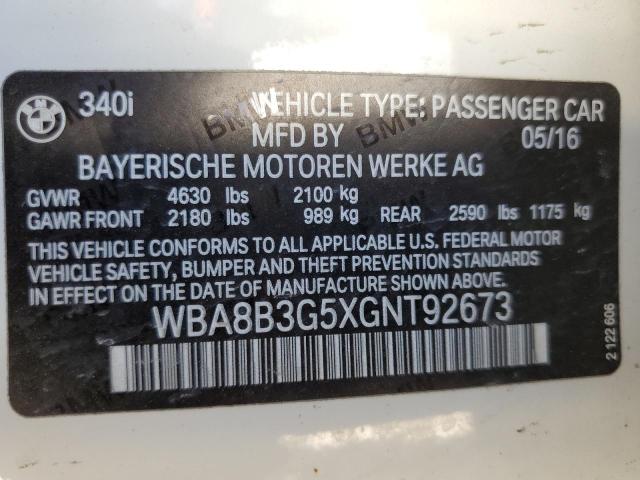 WBA8B3G5XGNT92673 - 2016 BMW 340 I WHITE photo 10