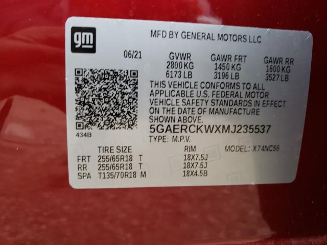5GAERCKWXMJ235537 - 2021 BUICK ENCLAVE PR RED photo 10