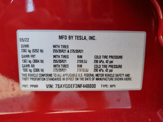 7SAYGDEF3NF448800 - 2022 TESLA MODEL Y Rouge photo 10