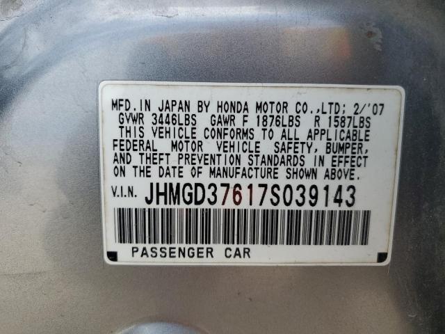 JHMGD37617S039143 - 2007 HONDA FIT S SILVER photo 10