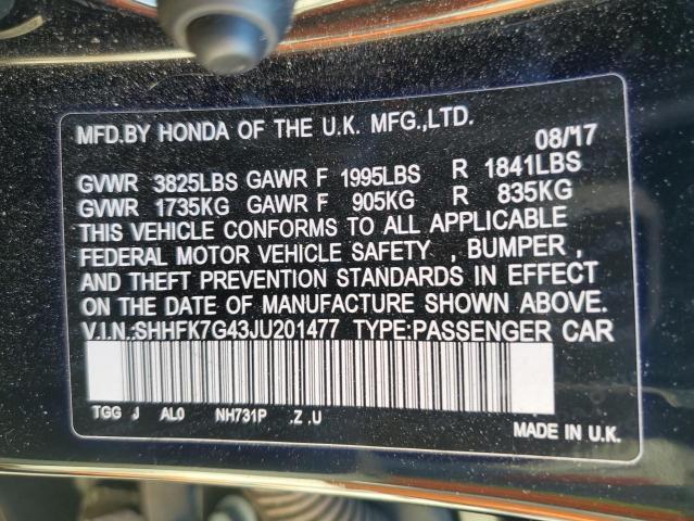 SHHFK7G43JU201477 - 2018 HONDA CIVIC SPOR 黑色 照片 10