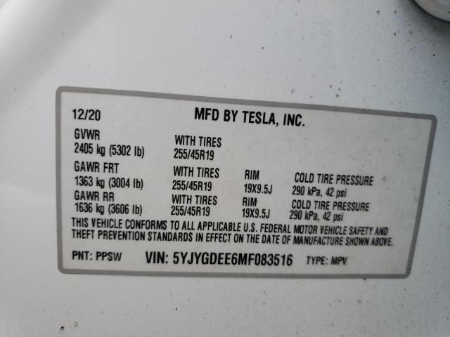 5YJYGDEE6MF083516 - 2021 TESLA MODEL Y Blanc photo 10