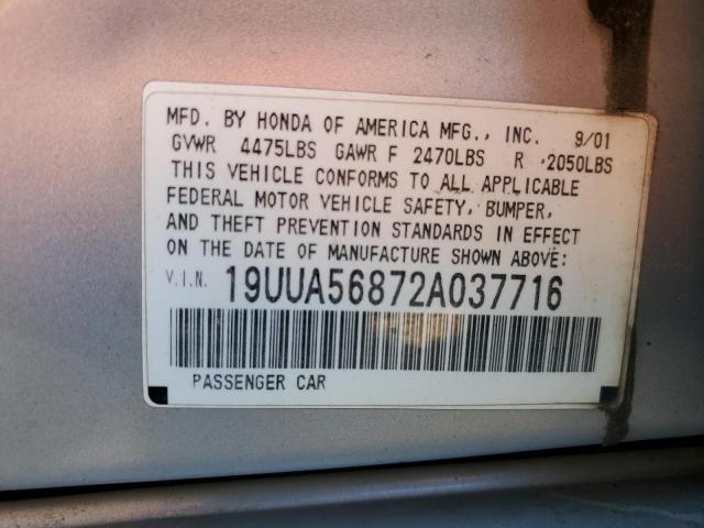 19UUA56872A037716 - 2002 ACURA 3.2TL TYPE SILVER photo 10