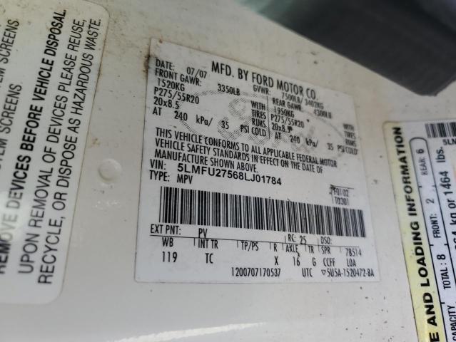 5LMFU27568LJ01784 - 2008 LINCOLN NAVIGATOR თეთრი ფოტო 10