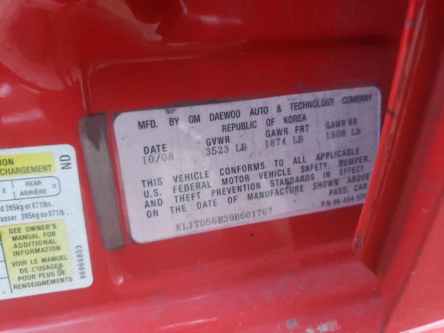 KL1TD56E39B601767 - 2009 CHEVROLET AVEO LS 红色 照片 10