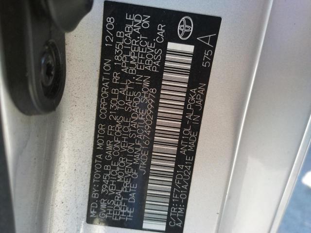 JTKDE167490299978 - 2009 TOYOTA SCION TC SILVER photo 10