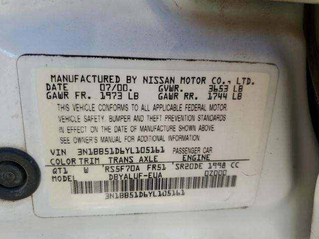 3N1BB51D6YL105161 - 2000 NISSAN SENTRA SE WHITE photo 10