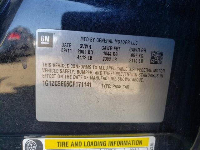 1G1ZC5E06CF171141 - 2012 CHEVROLET MALIBU 1LT Қара фото 10