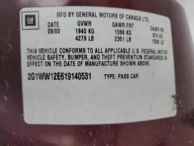 2G1WW12E619140531 - 2001 CHEVROLET MONTE CARL 勃艮第红 照片 10