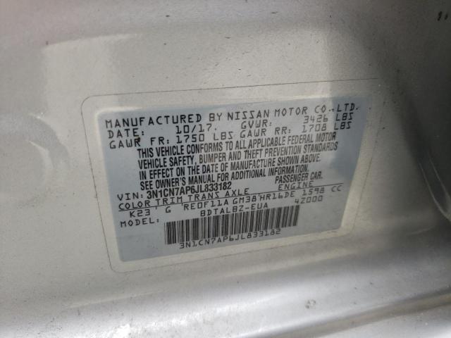 3N1CN7AP6JL833182 - 2018 NISSAN VERSA S SILVER photo 10