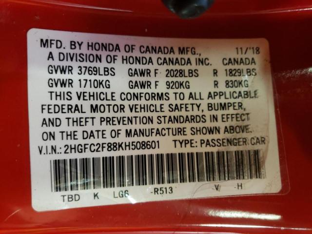 2HGFC2F88KH508601 - 2019 HONDA CIVIC SPOR RED photo 10