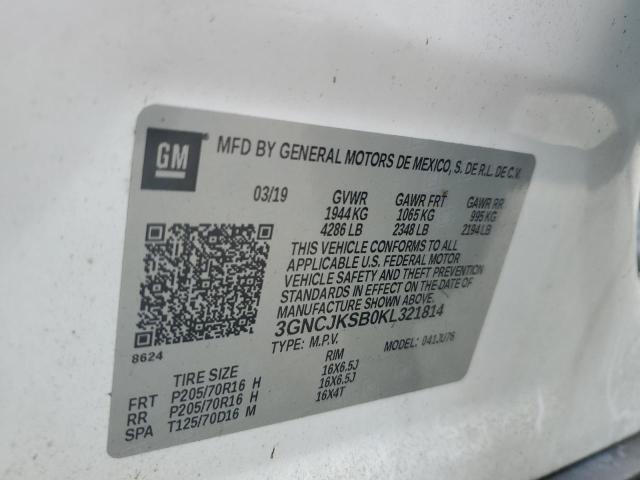 3GNCJKSB0KL321814 - 2019 CHEVROLET TRAX WHITE photo 10