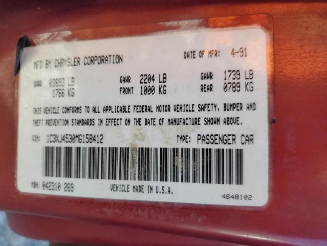 1C3XJ4530MG158412 - 1991 CHRYSLER LEBARON 红色 照片 10