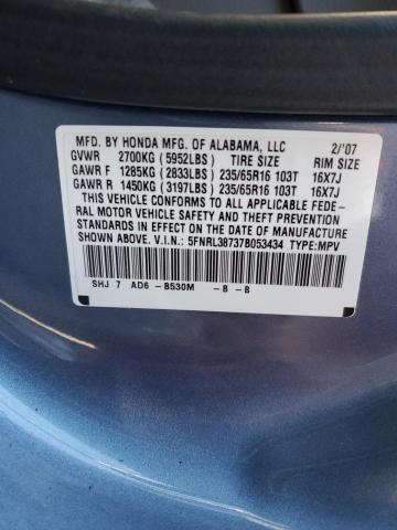 5FNRL38737B053434 - 2007 HONDA ODYSSEY EX BLUE photo 10