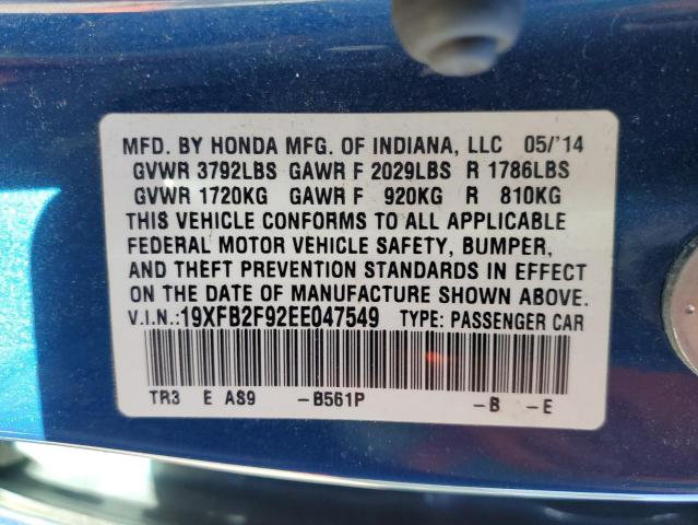 19XFB2F92EE047549 - 2014 HONDA CIVIC EXL Mavi foto 10