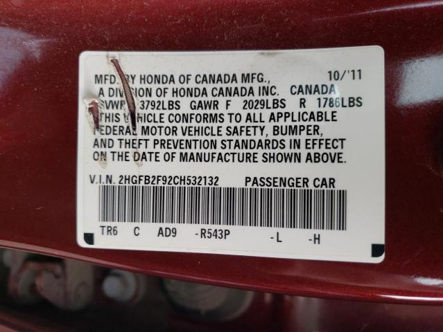 2HGFB2F92CH532132 - 2012 HONDA CIVIC EXL Bordo foto 10