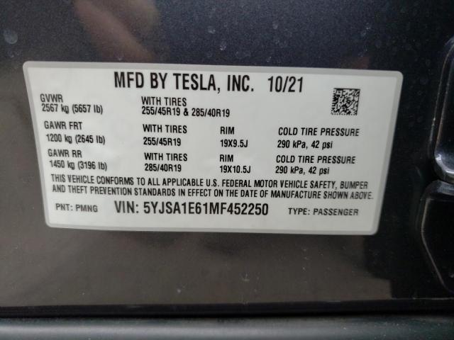 5YJSA1E61MF452250 - 2021 TESLA MODEL S Գրաֆիտ լուսանկար 10