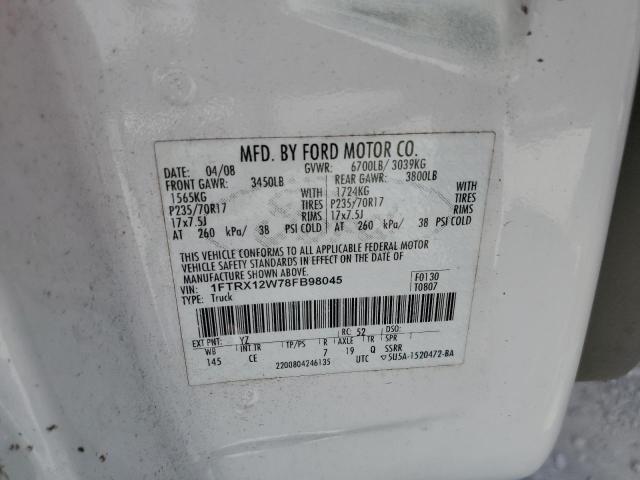 1FTRX12W78FB98045 - 2008 FORD F150 WHITE photo 10