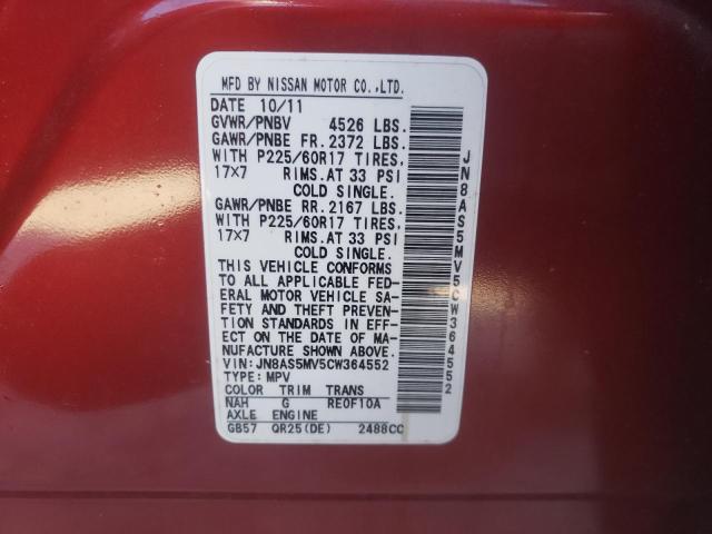 JN8AS5MV5CW364552 - 2012 NISSAN ROGUE RED photo 10