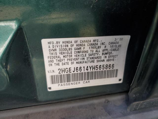 2HGEJ6614YH565866 - 2000 HONDA CIVIC BASE GREEN photo 10