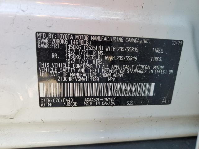 2T3C1RFV6MW111199 - 2021 TOYOTA RAV4 XLE P WHITE photo 10