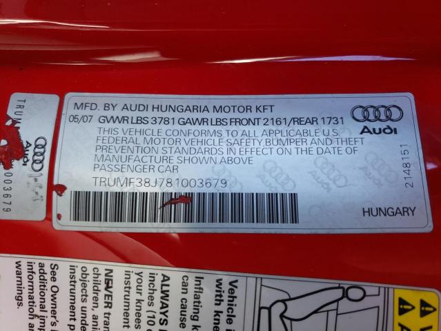 TRUMF38J781003679 - 2008 AUDI TT 2.0T RED photo 10