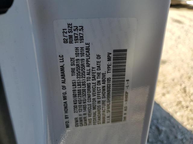 5FNRL6H99NB003105 - 2022 HONDA ODYSSEY EL WHITE photo 10